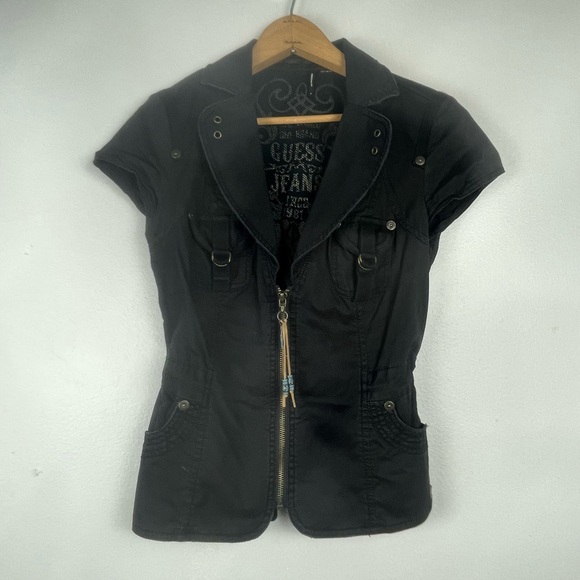 VTG Guess Blouse Cargo Zip Short Sleeve Small Black Collared Corpcore Grunge Y2K - Picture 1 of 4